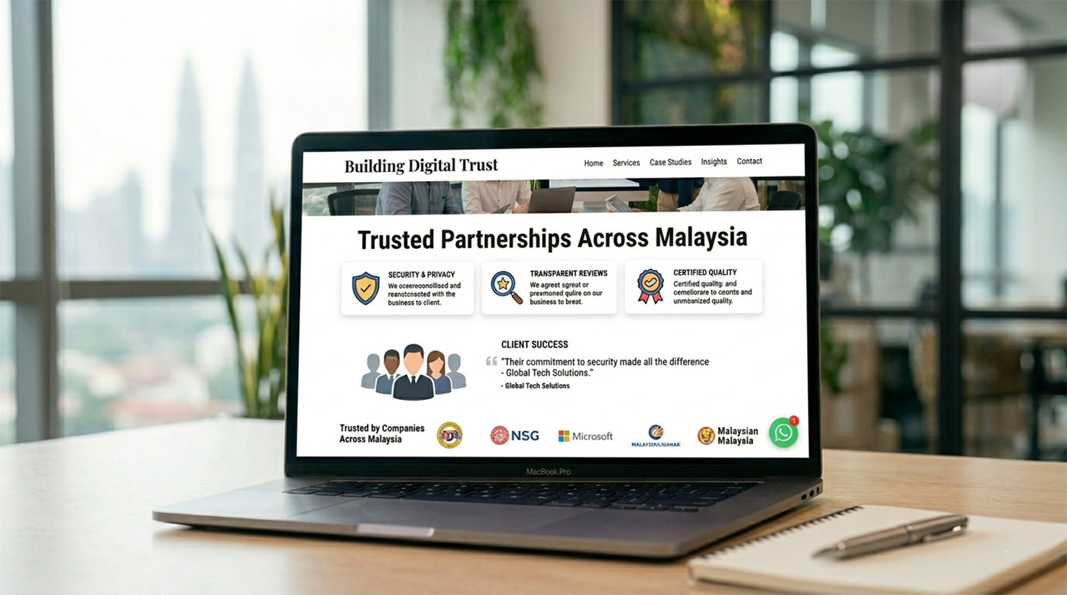 displaying building digital trust through client testimonials and trusted brand logos in Malaysia.