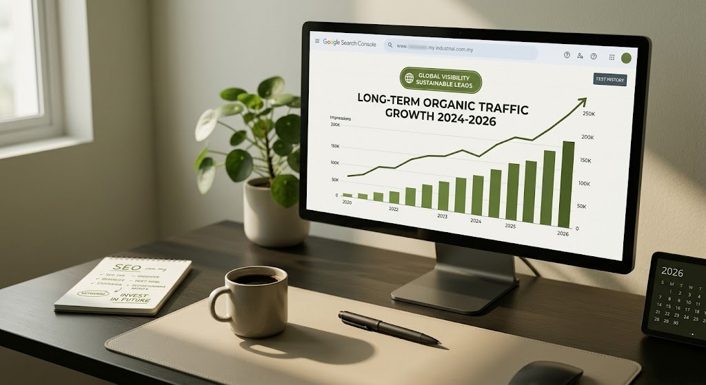 Google Search Console dashboard showing long-term organic traffic growth for a Malaysian B2B industrial website.