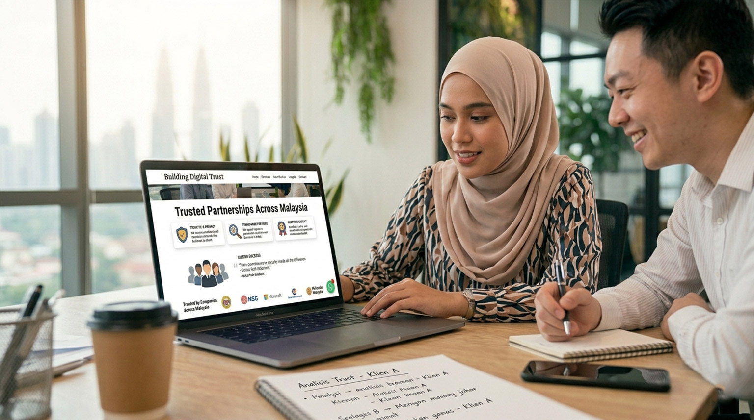 Malaysian digital marketing team collaborating on a website transformation project in a modern office.