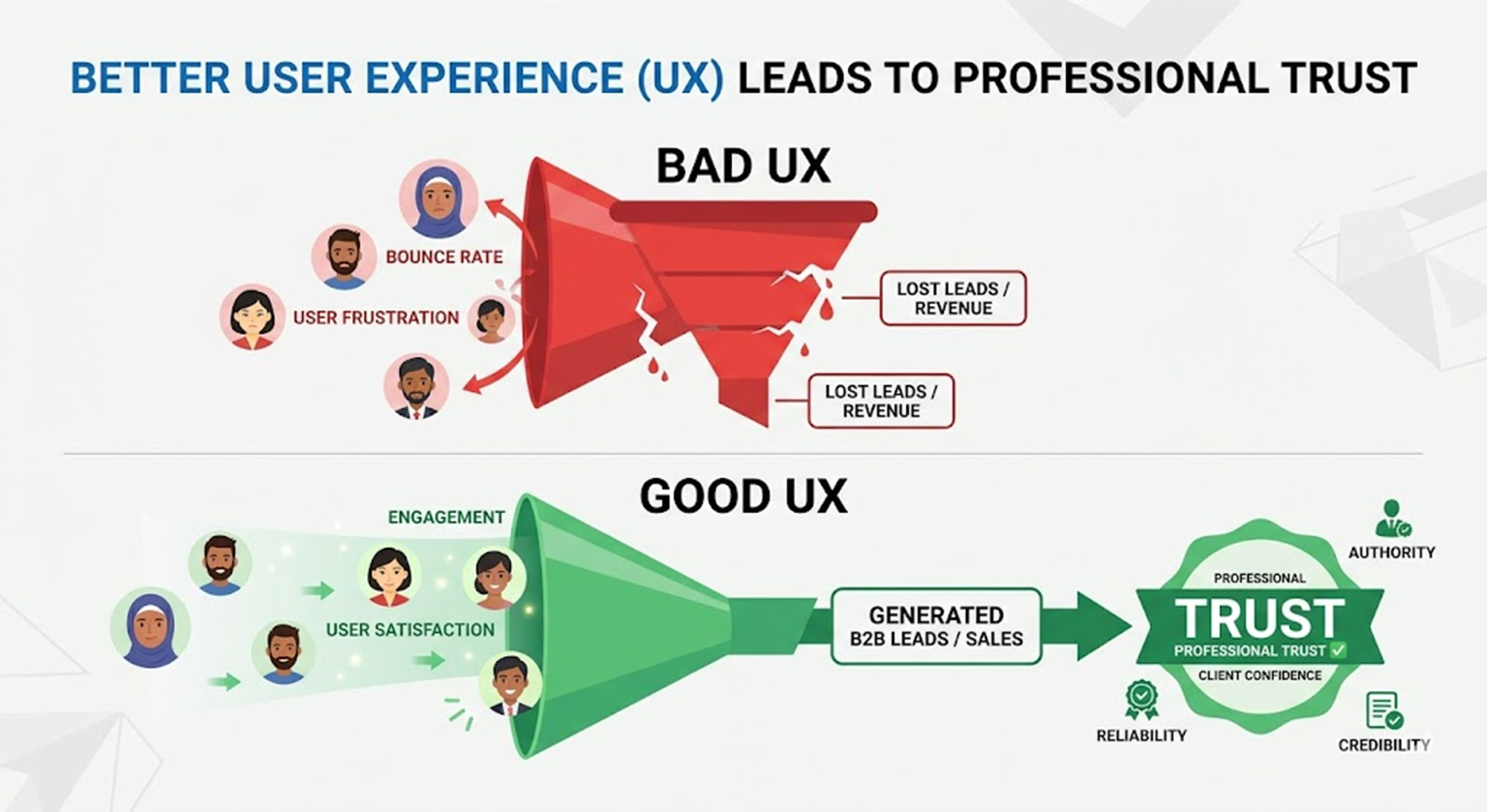 Infographic showing how good User Experience (UX) leads to professional trust and B2B lead generation compared to a bad UX funnel.
