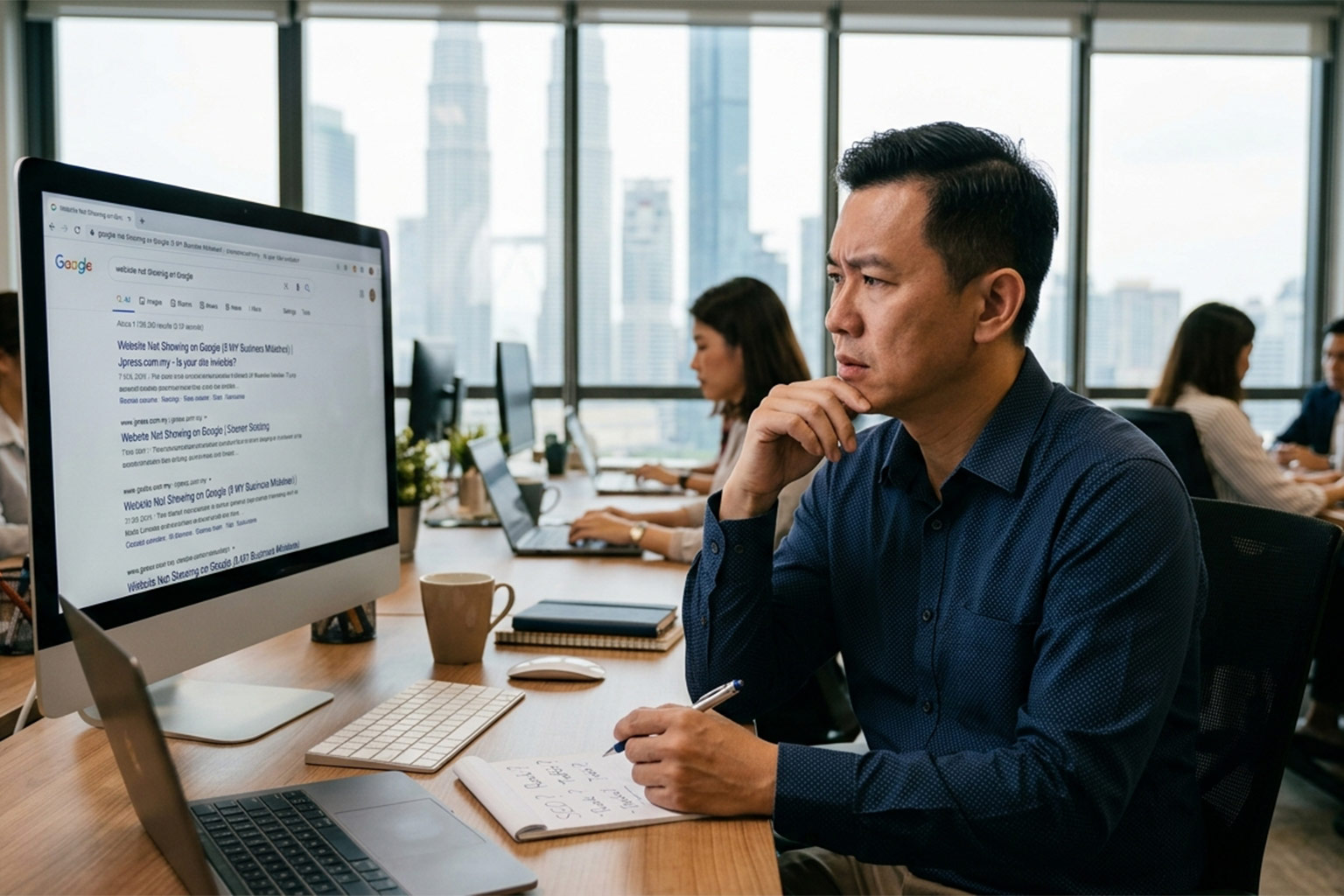 Perplexed Malaysian Chinese business owner looking at website not showing on Google problem