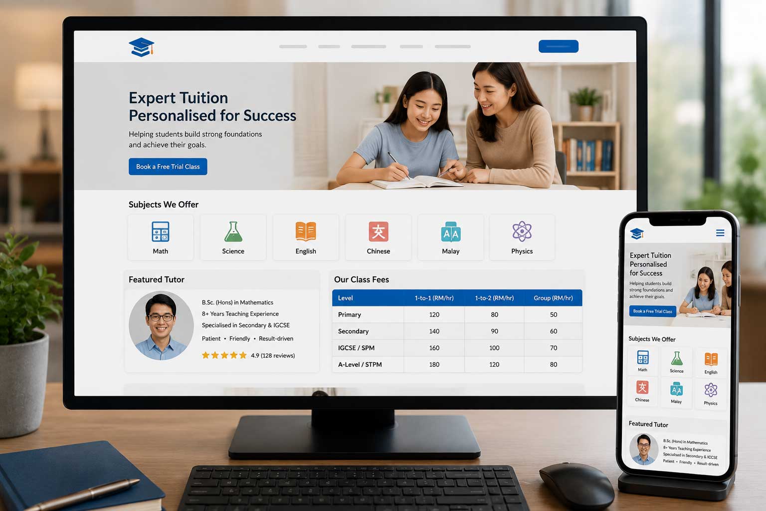 Education website design showing subjects, tutor profile and fees for a tuition centre