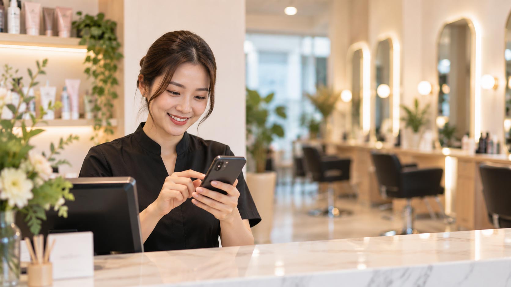 Salon receptionist checking mobile booking system in Johor Bahru