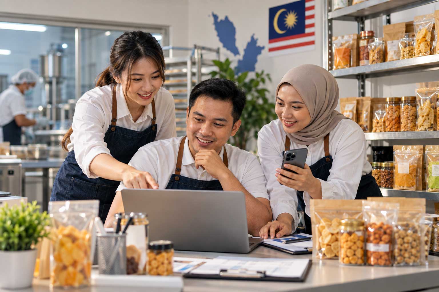 Malaysian food business team planning their website and social media strategy