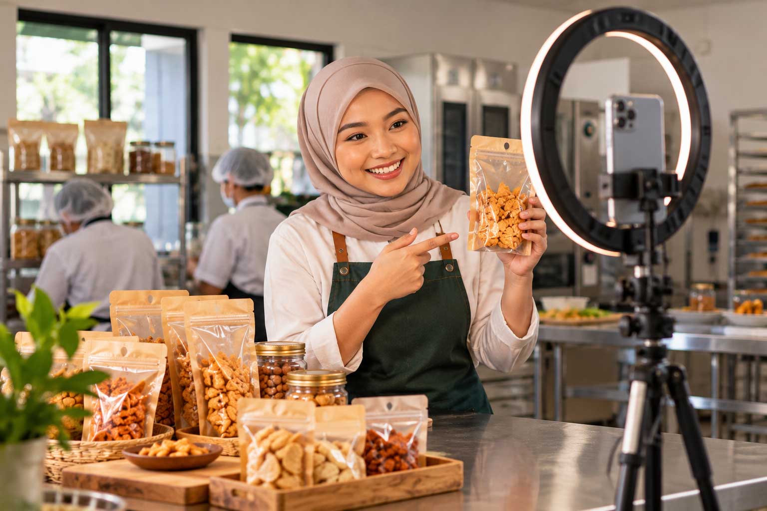 Food business owner creating social media content to build brand awareness